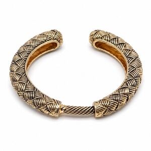 Vintage Gold Tone Basket Weave Open Cuff Bracelet Textured Statement